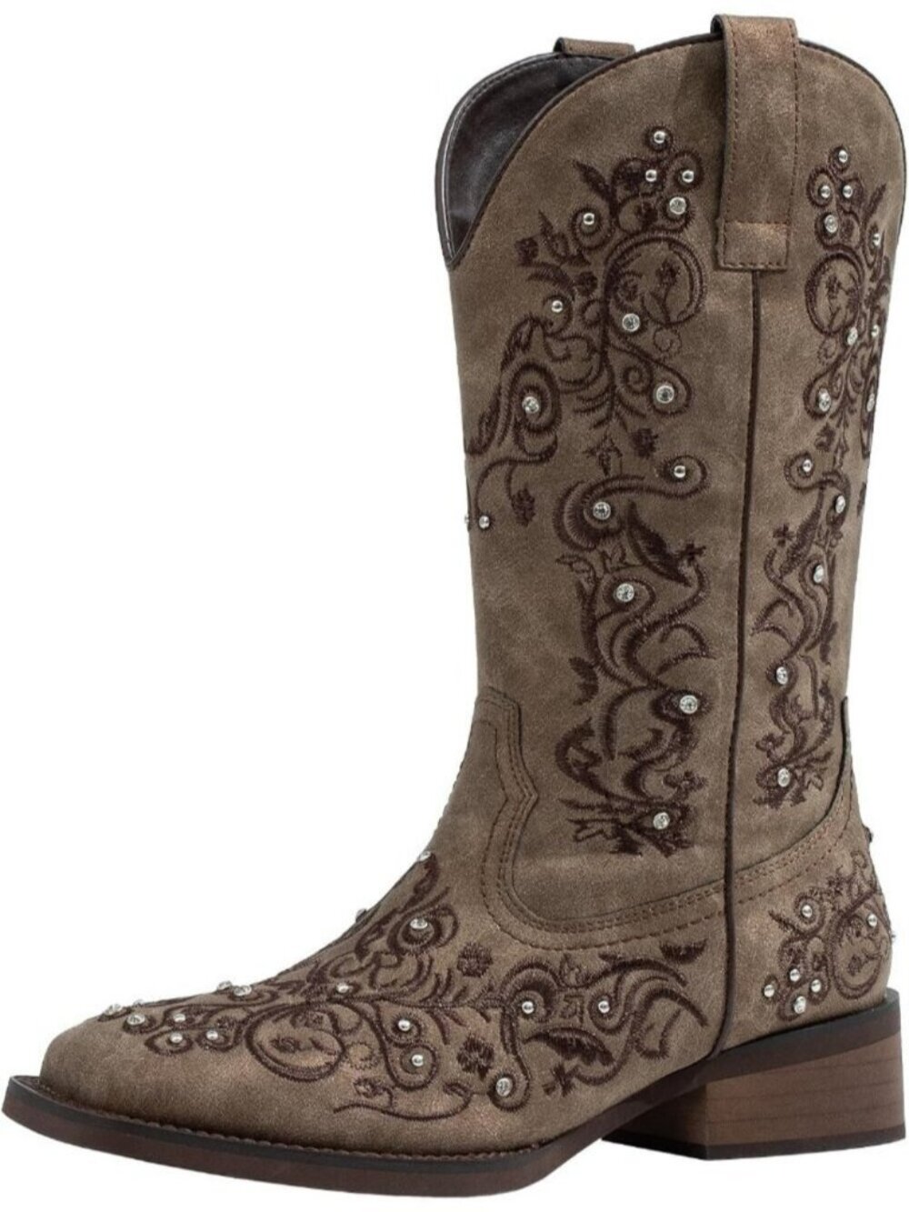 Women's Brown Western Cowgirl Boots Fashion Rhinestone Square Toe Mid Calf